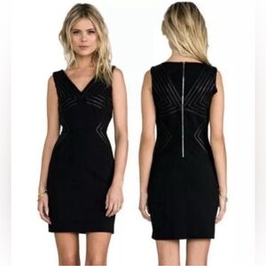 DIANE von FURSTENBERG 6 Black Glenda Dress Sheath Leather Trim V Neck Sleeveless